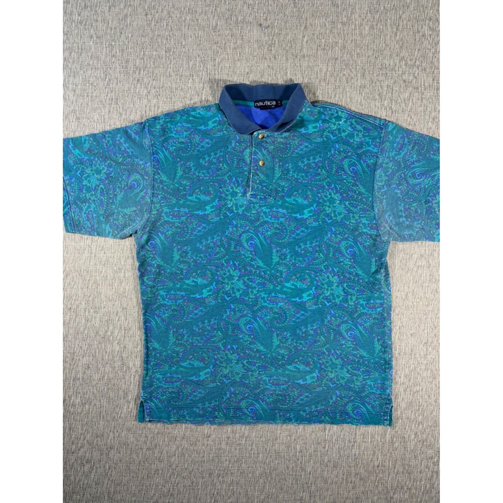 Vintage Nautica Paisley Polo Shirt Mens Large Teal Blue Cotton Short Sleeve 90s